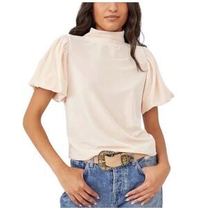 Free People Velvet Claudia Tee Puff Short Sleeve Top Mock Neck pink Shirt Sz M